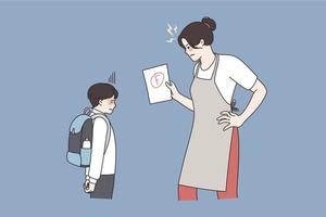 Anger and relations between parent and child concept. Angry woman mother standing looking at her son feeling furious because his bad mark test at school vector illustration