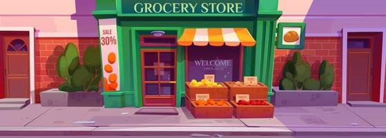 Grocery store front on morning city street vector