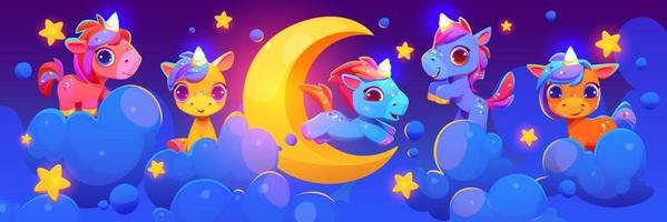 dibujos animados unicornio en nubes antecedentes con Luna vector