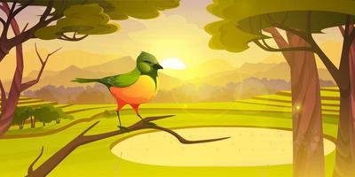 amanecer en bosque con verde pájaro en rama vector
