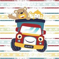 Vector cartoon illustration of funny bear with monkey on truck on colorful striped background