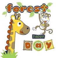 Funny giraffe with monkey in forest, vector cartoon illustration