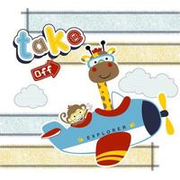 cute giraffe with monkey on airplane, vector cartoon vector