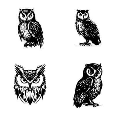 A collection set of Hand drawn owl logo silhouettes, perfect for nature or wildlife-themed designs. Each illustration is unique and intricate