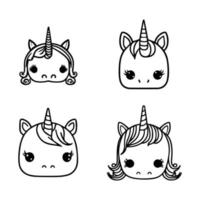 Collection of cute kawaii unicorns in various poses and expressions, Hand drawn with details and a whimsical style vector