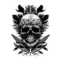 A skull head adorned with intricate flowers and leaves, depicted in a detailed black and white line art hand drawn illustration vector