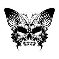 A stunning black and white line art illustration of a skull with a butterfly body, intricately Hand drawn to capture its beauty and mystery vector