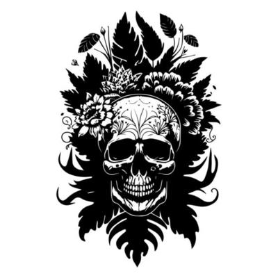 skull head with flower and leaf line art hand drawn illustration