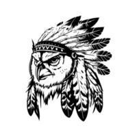 A majestic owl wearing an Indian chief headdress, Hand drawn in detailed and intricate line art illustration vector