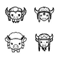 A cute and charming kawaii buffalo logo donning Indian chief accessories, showcased in a set of Hand drawn and colorful illustrations vector