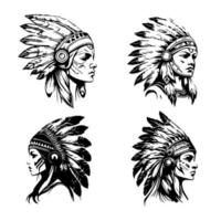 A stunning Hand drawn illustration of a beautiful girl wearing an Indian chief headpiece, with intricate details and shading collection set vector
