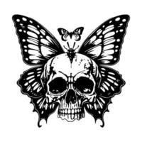 Beautiful and captivating Hand drawn line art illustration of a skull head and butterfly, evoking a sense of transformation and beauty in the face of darkness vector