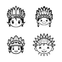 Our cute kawaii child head collection features Hand drawn illustrations of kids wearing Indian chief head accessories, perfect for adding some playful charm to your designs vector