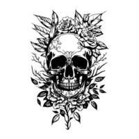 A skull head adorned with intricate flowers and leaves, depicted in a detailed black and white line art hand drawn illustration vector