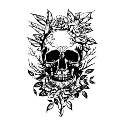 A skull head adorned with intricate flowers and leaves, depicted in a detailed black and white line art hand drawn illustration