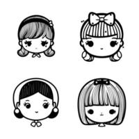 cute kawaii retro girl collection set hand drawn illustration vector