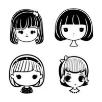 Fun and funky Hand drawn collection set of cute kawaii retro girls, evoking a sense of nostalgia and vintage charm vector