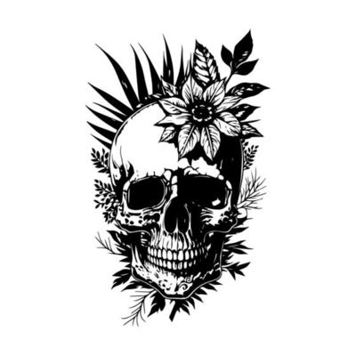 A skull head adorned with intricate flowers and leaves, depicted in a detailed black and white line art hand drawn illustration