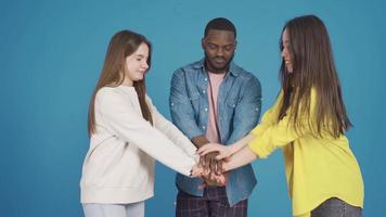 gelukkig en glimlachen multi-etnisch groep van vrienden ze hebben pret en voelen de team geest. mode. kleding ontwerp. video