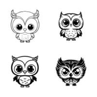 A collection of cute and charming Hand drawn illustrations of kawaii owls, perfect for adding a touch of whimsy to any project or design vector