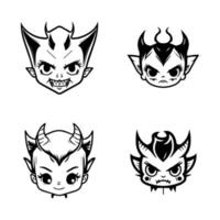 A collection of cute anime devil heads featuring various expressions and accessories, Hand drawn in intricate line art vector