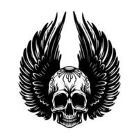 chicano skull with wings tattoo design black and white hand drawn illustration vector