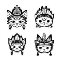 linda kawaii gato cabeza logo vistiendo indio jefe accesorios colección conjunto mano dibujado ilustración vector