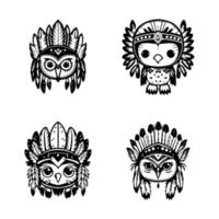 cute kawaii owl wearing indian chief accessories collection set hand drawn illustration vector