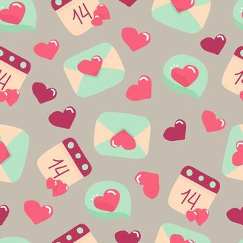 seamless pattern with envelope, calendar, and heart shapes. On a gray background. In cartoon style. vector