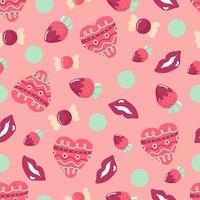 Seamless pattern for valentine's day. With the image of a heart, sweets, strawberries and red lips. In hand drown style. Bright pink background. vector