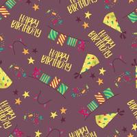 Seamless pattern for birthday celebration. Hand drawn style. With the image of confetti, stars, garlands, a festive cap. On a dark background. vector