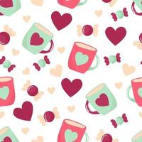 Seamless pattern for valentine's day. Featuring coffee mugs, candys, and heart shapes. Hand draw style. On a white background. vector