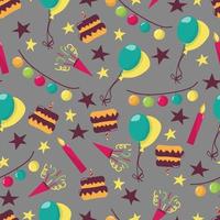 Seamless pattern for the holiday. With the image of a cake, garlands, balloons and stars. In hand draw style, on a dark background. vector