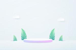 3d Pastel Purple and Pink Podium Showcase with Leaf and Clouds Paper Art Design. Vector illustration. Eps10