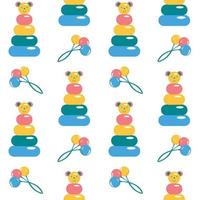 Seamless pattern with children s toy colored pyramid in the shape of a cone and colored rattle on a white background. Children's pattern in the style of minimalism. vector