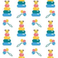 Seamless pattern with children s toy colored pyramid in the shape of a cone and colored rattle on a white background. Children's pattern in the style of minimalism. vector