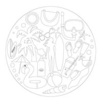 Vector illustration of summer symbols in a circle. Outline design.