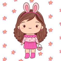 Vector spring illustration of cute girl holding easter eggs basket in flower background, Spring hand drawn sketch style card template.