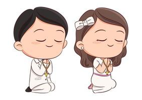 First communion concept with cute boy and girl praying and kneeling together hand drawn sketch style on white background vector. vector