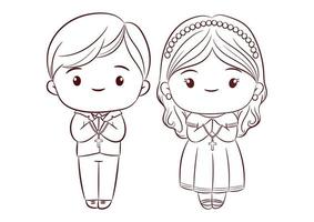 First communion concept with cute boy and girl praying and standing together doodle style on white background vector. vector