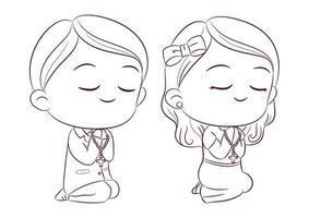 First communion concept with cute boy and girl praying and kneeling together doodle style on white background vector. vector