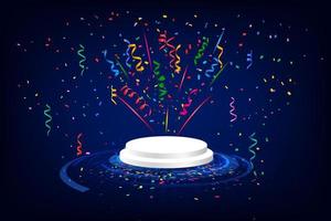 Celebration confetti with podium, colorful confetti transparent background vector