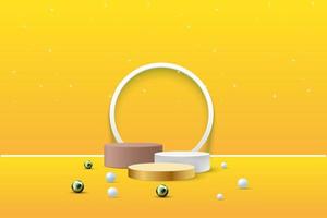 Realistic golden product podium with a white round and yellow background vector