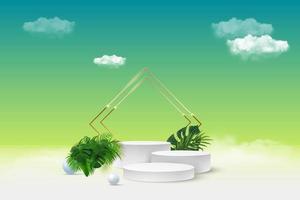 The product display podium is decorated with realistic clouds and gold frames on a pastel background, a golden round arch, and clouds vector