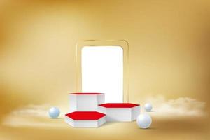 Product display podium decorated with realistic cloud and gold frame on pastel background vector