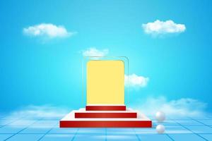 Product display podium decorated with realistic cloud and gold frame on pastel background vector