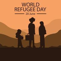 illustration vector graphic of silhouette of a family refugee in a mountain valley, perfect for international day, world refugee day, celebrate, greeting card, etc.