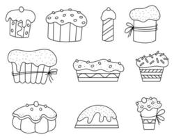 Doodle set of Easter cakes of different types. Black and white vector illustration.