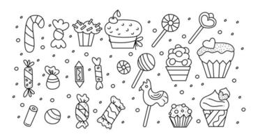 A large set of different types of candies, sweets and cupcakes. Doodle vector black and white illustration.