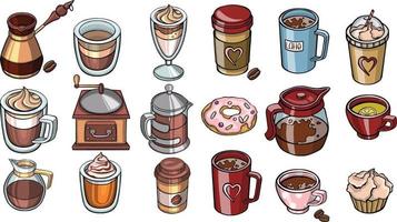 dulces y bebidas, vector colección de bocetos de café jarra y dulces, línea Arte y de colores.